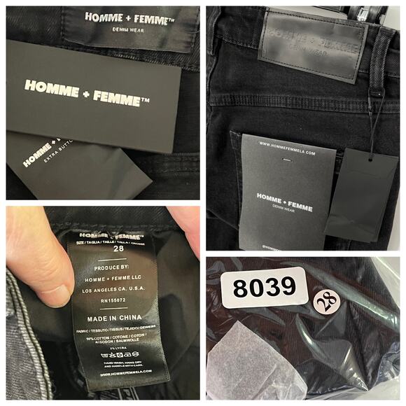 Homme + Femme NEW Distressed Flames Logo Jean Shorts Mens Sz 28 Black Stretch - Picture 11 of 11